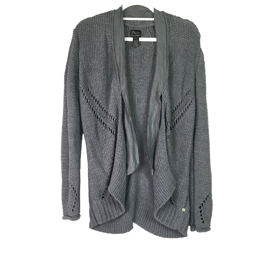 Pure Handknit Pointelle Draped Open Front Cotton Cardigan M/L Gray